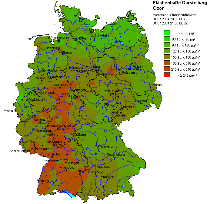 Deutschlandkarte Flächenhafte Darstellung Ozon